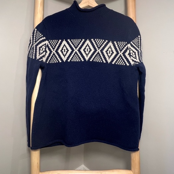 J Crew Always fisherman Fair Isle jacquard 100% Wool mock Roll Neck Sweater Navy - Picture 4 of 10